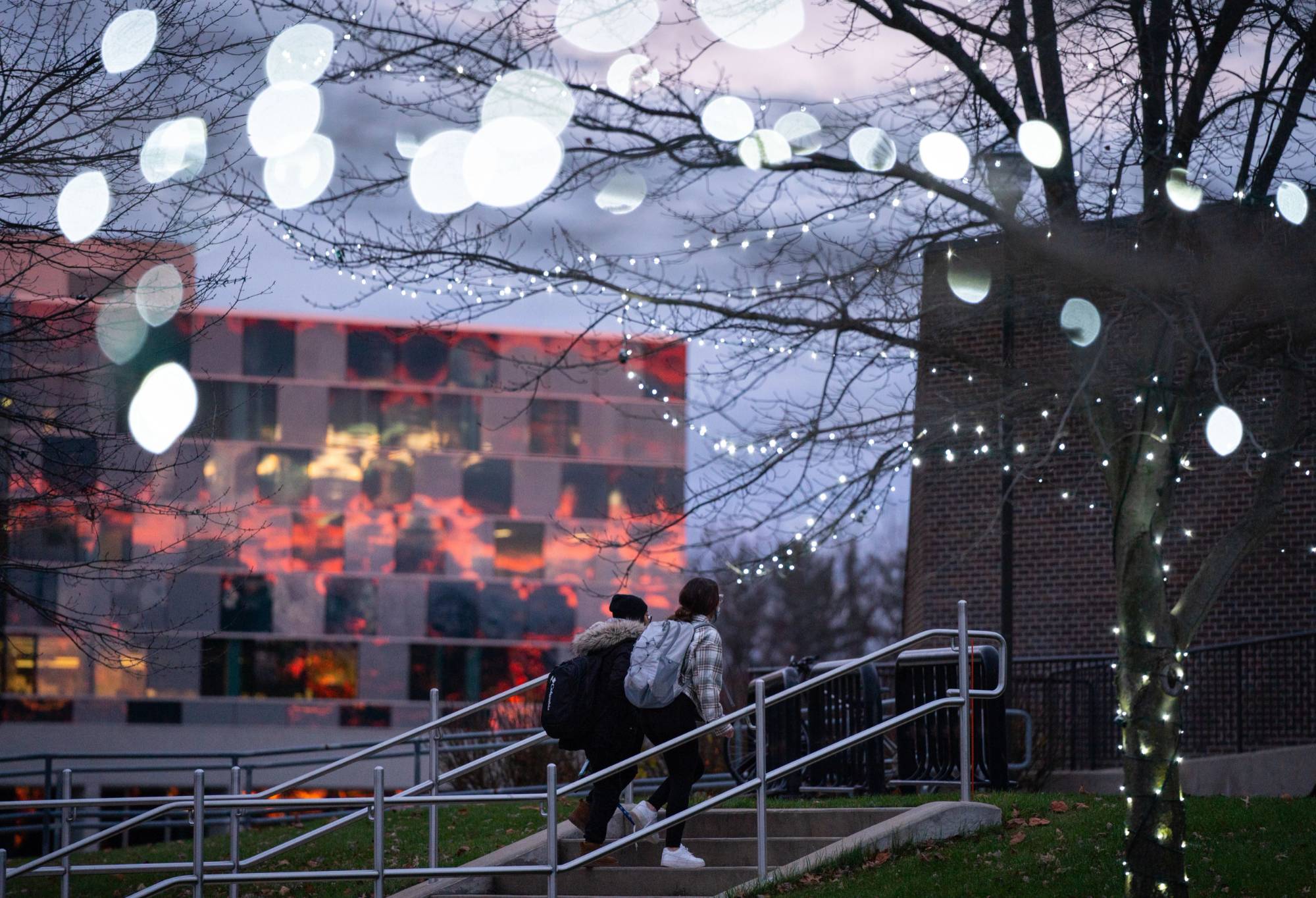 sunset image of students walking up the allendale library steps outside